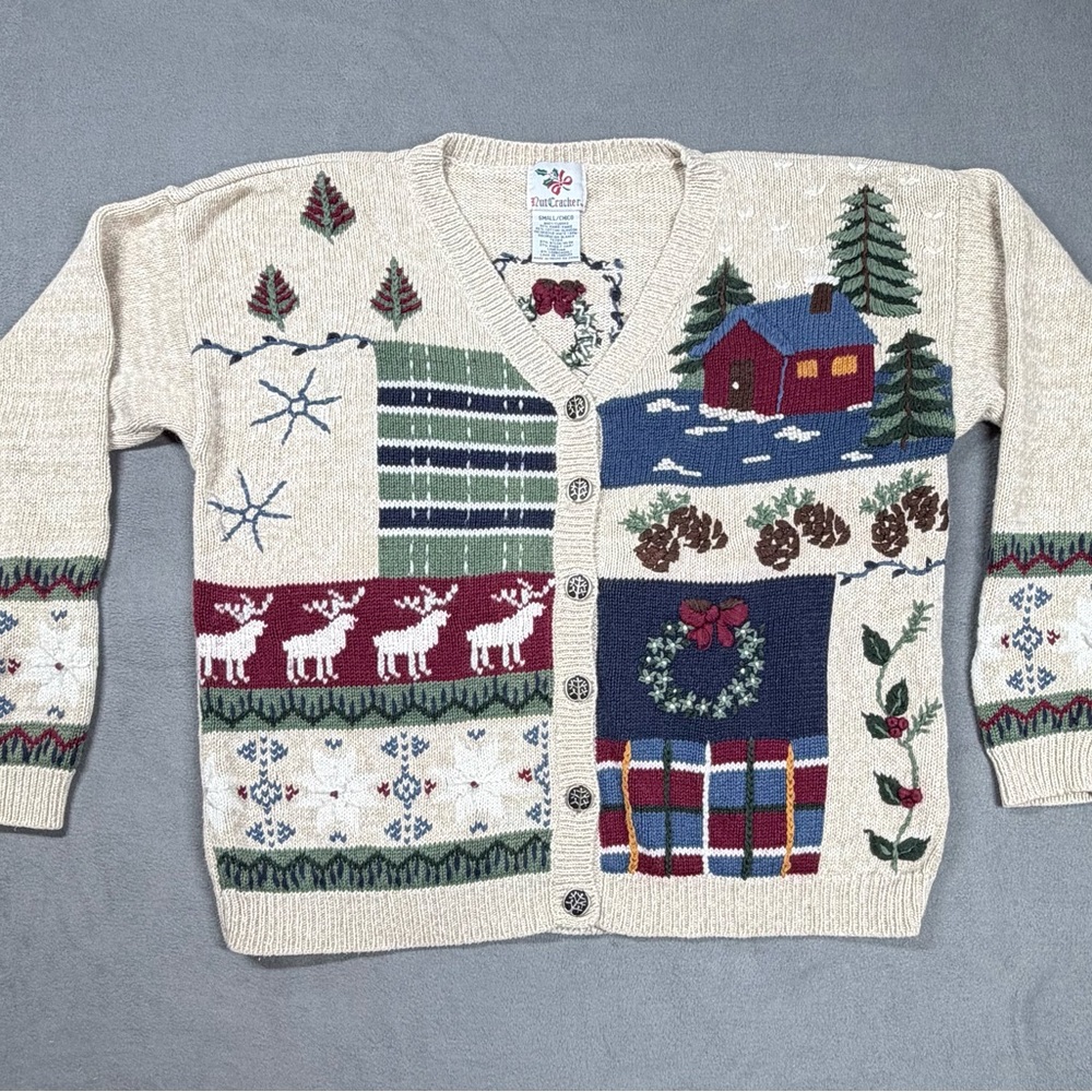 Nutcracker V-Neck Holiday Cardigan Sweater with Woodland Patchwork